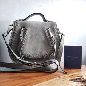 REBBECA MINKOFF SUEDE GREY SATCHEL, CROSSBODY HANDBAG, H 8" X W 9.25" X  D 3"